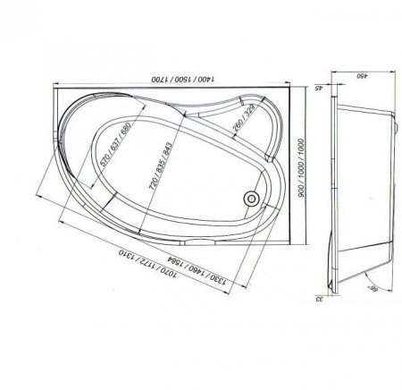 Ванна акриловая Mirsant ЯЛТА  140x90 см. правая 