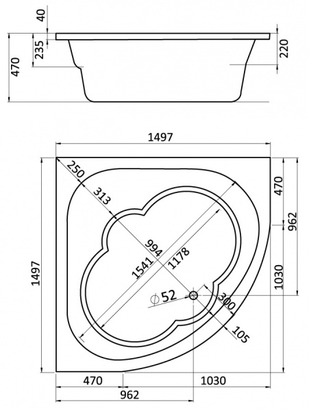 Ванна акриловая Santek КАННЫ 1.WH11.1.983 150x150 см. 