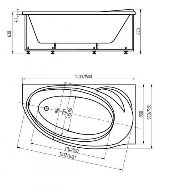 Ванна акриловая Aquatek БЕТТА  170x97 см. правая 