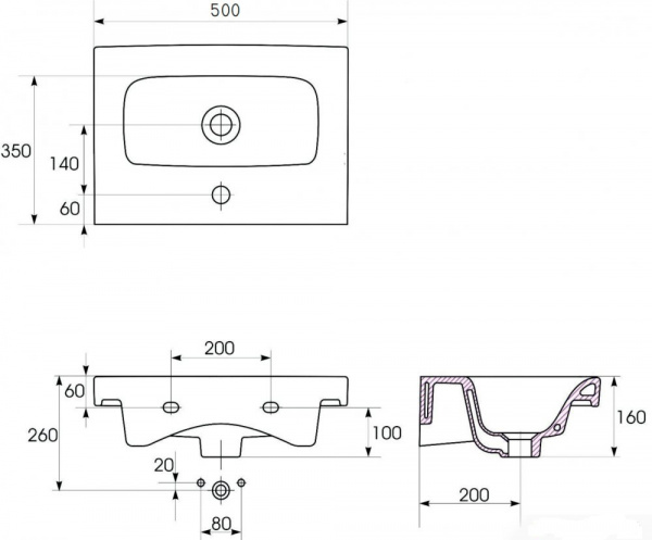 Раковина Cersanit MODUO SLIM S-UM-MOD50SL/1 50  Раковина Cersanit MODUO SLIM S-UM-MOD50SL/1 50
